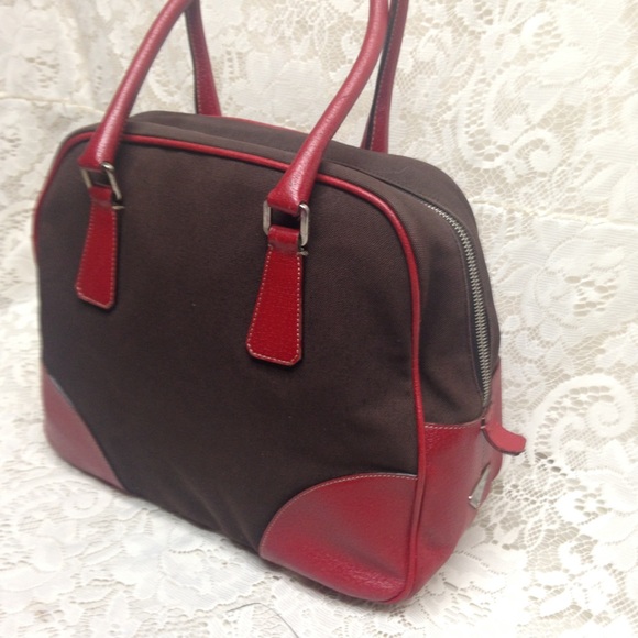 Prada Brown Canvas -Red Leather Trim Shoulder Bag - Picture 3 of 16